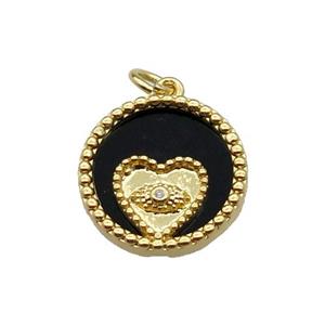 copper circle pendant pave zircon black stone Heart gold plated, approx 16mm dia