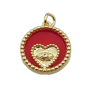 copper circle pendant pave zircon red stone Heart gold plated, approx 16mm dia