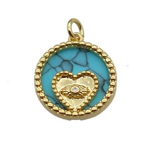 copper circle pendant pave zircon turquoise Heart gold plated, approx 16mm dia