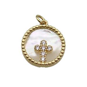 copper circle pendant pave zircon shell Cross gold plated, approx 16mm dia
