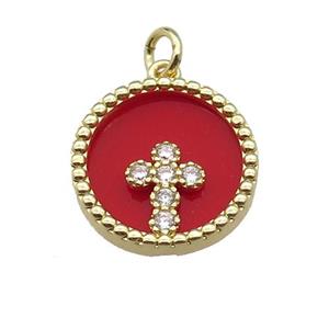 copper circle pendant pave zircon red stone Cross gold plated, approx 16mm dia