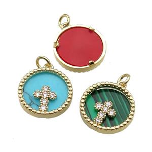 mix copper circle pendant pave zircon gemstone Cross gold plated, approx 16mm dia