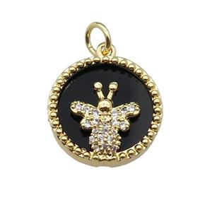 copper circle pendant pave zircon black stone Honeybee gold plated, approx 16mm dia