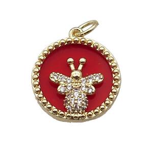 copper circle pendant pave zircon red stone Honeybee gold plated, approx 16mm dia