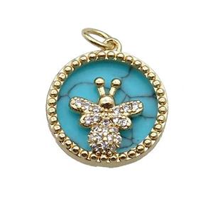 copper circle pendant pave zircon turquoise Honeybee gold plated, approx 16mm dia