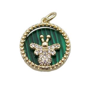 copper circle pendant pave zircon malachite Honeybee gold plated, approx 16mm dia
