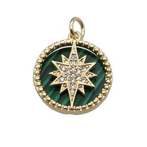 copper circle pendant pave zircon malachite Northstar gold plated, approx 16mm dia