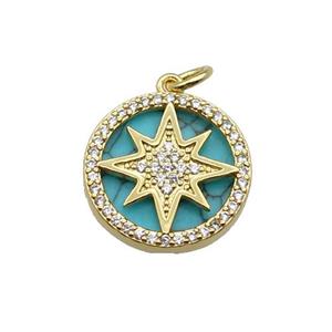 copper circle pendant pave zircon turquoise Northstar gold plated, approx 16mm dia