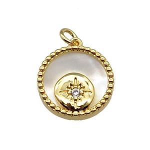 copper circle pendant pave zircon shell Northstar gold plated, approx 16mm dia