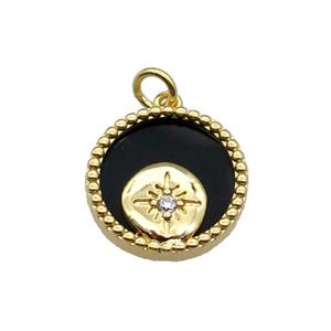 copper circle pendant pave zircon black stone Northstar gold plated, approx 16mm dia