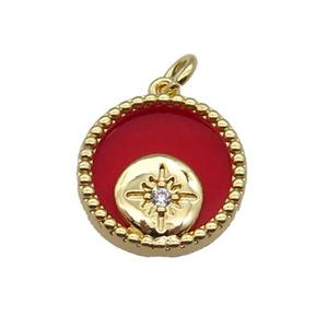 copper circle pendant pave zircon red stone Northstar gold plated, approx 16mm dia