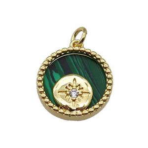 copper circle pendant pave zircon malachite Northstar gold plated, approx 16mm dia