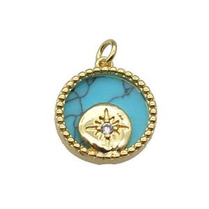 copper circle pendant pave zircon turquoise Northstar gold plated, approx 16mm dia