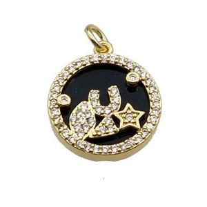copper circle pendant pave zircon black stone star gold plated, approx 16mm dia