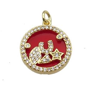 copper circle pendant pave zircon red stone star gold plated, approx 16mm dia