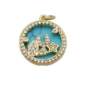 copper circle pendant pave zircon turquoise star gold plated, approx 16mm dia