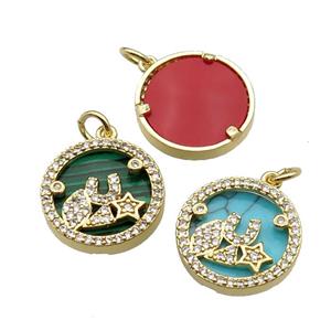 mix copper circle pendant pave zircon gemstone star gold plated, approx 16mm dia