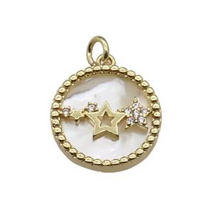 copper circle pendant pave zircon shell star gold plated, approx 16mm dia