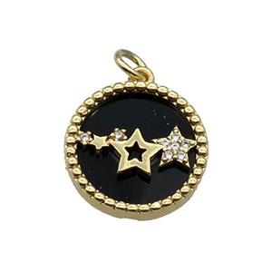 copper circle pendant pave zircon black stone star gold plated, approx 16mm dia