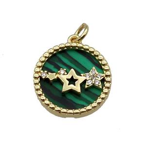 copper circle pendant pave zircon malachite star gold plated, approx 16mm dia