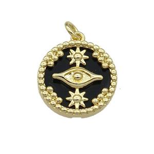 copper circle pendant pave black stone Eye gold plated, approx 16mm dia