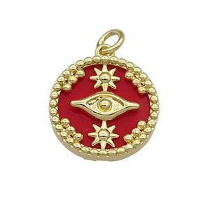 copper circle pendant pave red stone Eye gold plated, approx 16mm dia