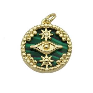 copper circle pendant pave malachite Eye gold plated, approx 16mm dia