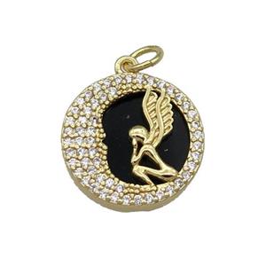 copper circle pendant pave zircon black stone Angel gold plated, approx 16mm dia