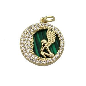 copper circle pendant pave zircon malachite Angel gold plated, approx 16mm dia