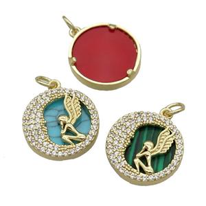 mix copper circle pendant pave zircon gemstone Angel gold plated, approx 16mm dia