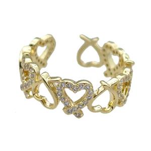 copper Ring pave zircon Heart gold plated, approx 8mm, 18mm dia