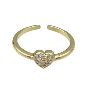 copper Ring pave zircon Heart gold plated, approx 6mm, 18mm dia