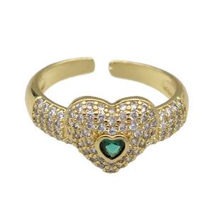 copper Ring pave zircon Heart gold plated, approx 10mm, 18mm dia