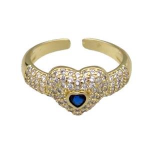 copper Ring pave zircon Heart gold plated, approx 10mm, 18mm dia