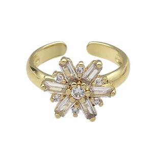 copper Ring pave zircon Flower gold plated, approx 12mm, 18mm dia