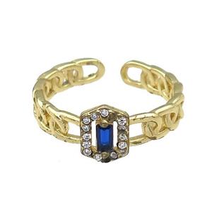 copper Ring pave blue zircon gold plated, approx 8mm, 18mm dia