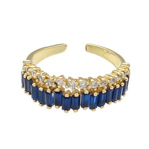 copper Ring pave blue zircon gold plated, approx 7mm, 18mm dia