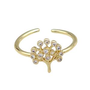 copper Ring pave zircon Tree gold plated, approx 10mm, 18mm dia