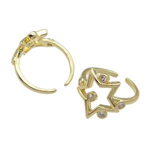 copper Ring pave zircon Star gold plated, approx 16mm, 18mm dia