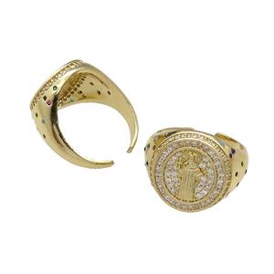 copper Ring pave zircon Jesus gold plated, approx 17mm, 18mm dia