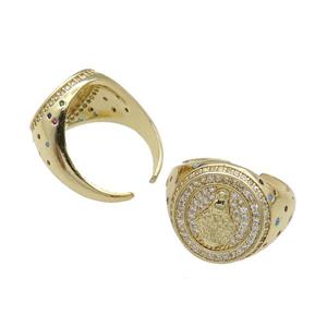 copper Ring pave zircon Virgin Mary gold plated, approx 17mm, 18mm dia