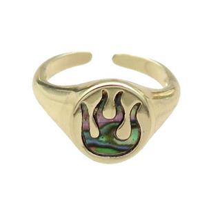 copper Ring pave abalone shell flame gold plated, approx 12mm, 18mm dia