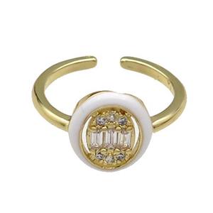 copper Ring pave zircon white enamel oval gold plated, approx 10-12mm, 18mm dia