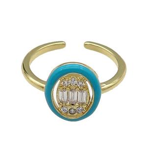 copper Ring pave zircon teal enamel oval gold plated, approx 10-12mm, 18mm dia