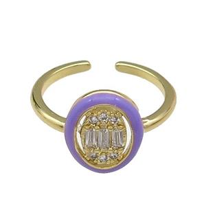 copper Ring pave zircon lavender enamel oval gold plated, approx 10-12mm, 18mm dia