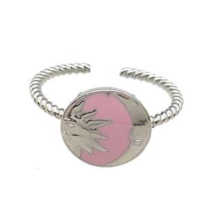 copper Moon Ring with pink enamel sun platinum plated, approx 10mm, 18mm dia