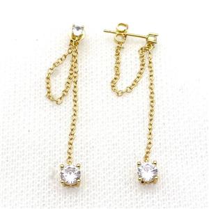 copper Stud Earring pave zircon gold plated, approx 5mm, 35mm length