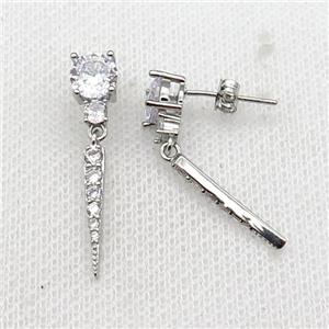 copper Stud Earring pave zircon platinum plated, approx 6mm, 18mm