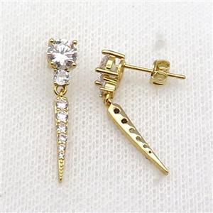copper Stud Earring pave zircon gold plated, approx 6mm, 18mm