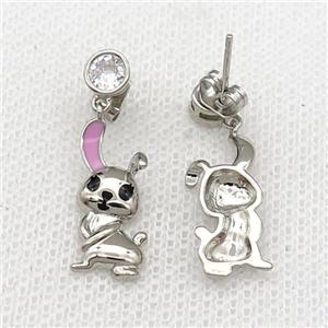copper Rabbit Stud Earring pink enamel platinum plated, approx 5mm, 8-18mm